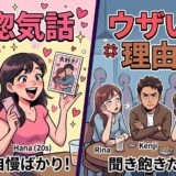 恋人の惚気話をする女性と、聞き飽きてうんざりする友人たち。