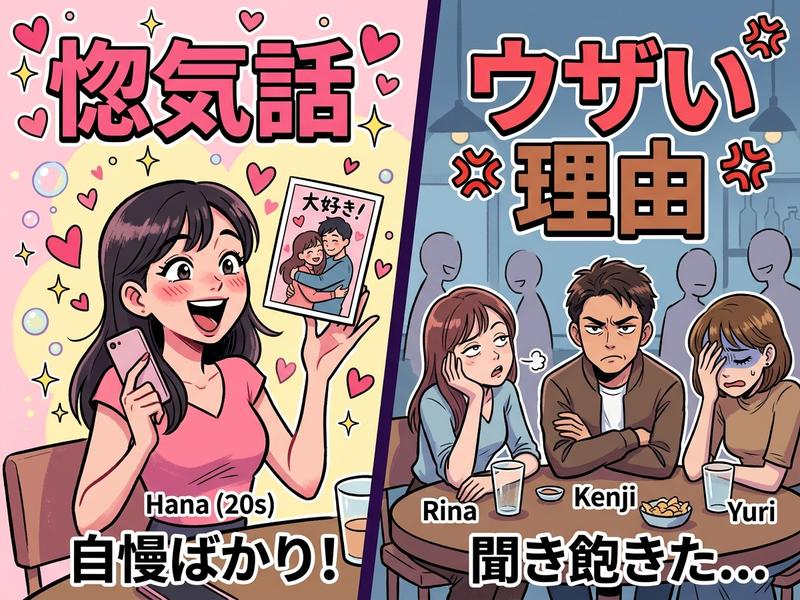 恋人の惚気話をする女性と、聞き飽きてうんざりする友人たち。