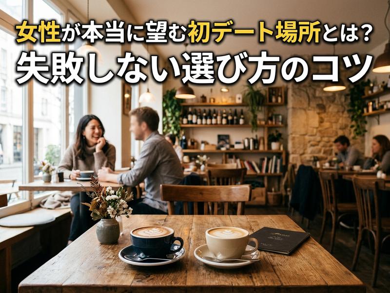 カフェで笑顔の男女が初デート中。手前にはラテアートのコーヒーが2杯。