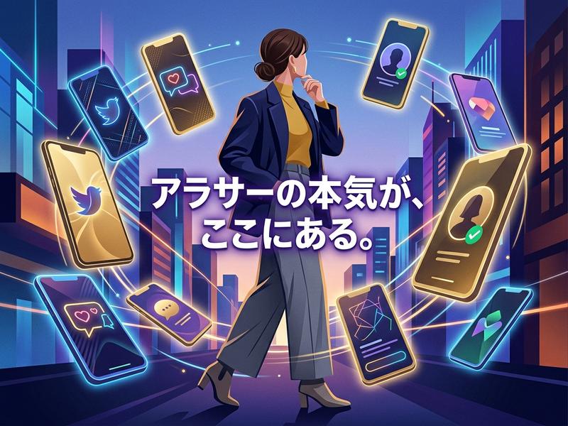スマホに囲まれ思案するアラサー女性。SNSやデジタルの繋がり。