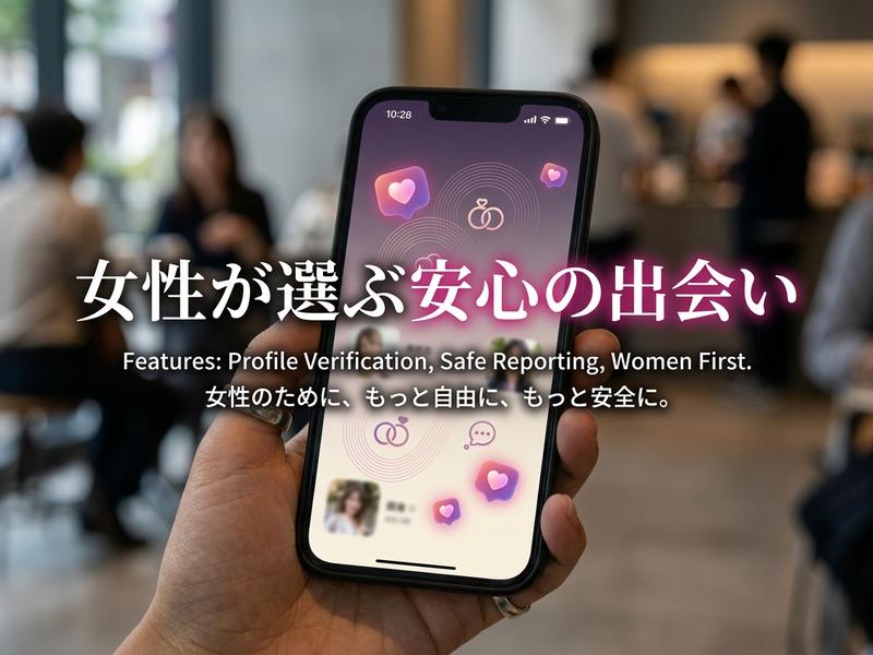 カフェでスマホに「女性が選ぶ安心の出会い」アプリを表示。