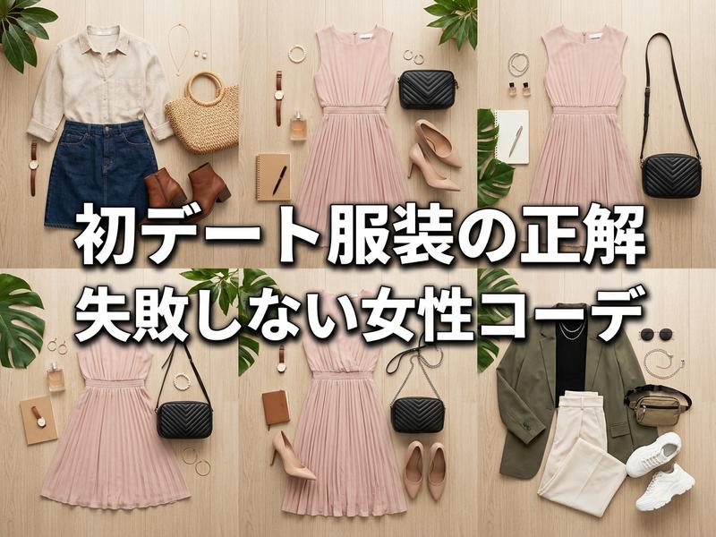 初デートにぴったりの、複数の女性用ファッションコーディネートとアクセサリーが並べられた画像。
