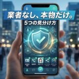 「本物だけ。5つの見分け方」を表示したスマホを持つ手。