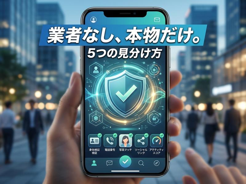 「本物だけ。5つの見分け方」を表示したスマホを持つ手。