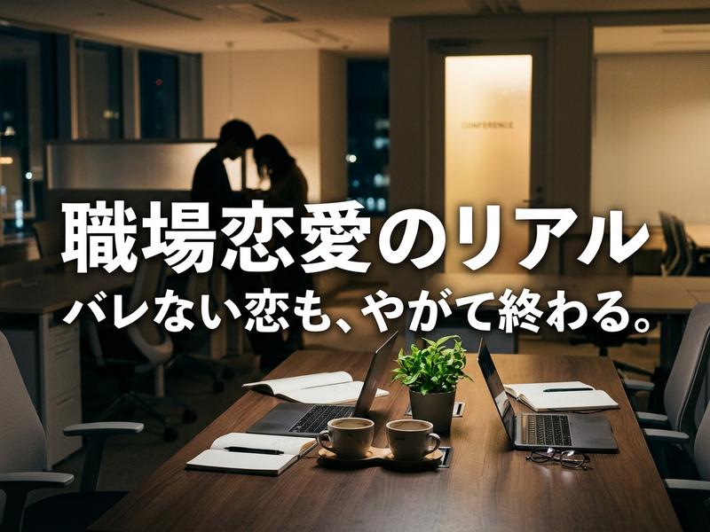 夜のオフィスで密かに寄り添う男女。手前のデスクにはパソコンやコーヒー。「職場恋愛のリアル」の文字。