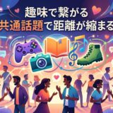 「趣味で繋がる 共通話題で距離が縮まる」イラスト。様々な趣味を持つ人々が交流する様子。