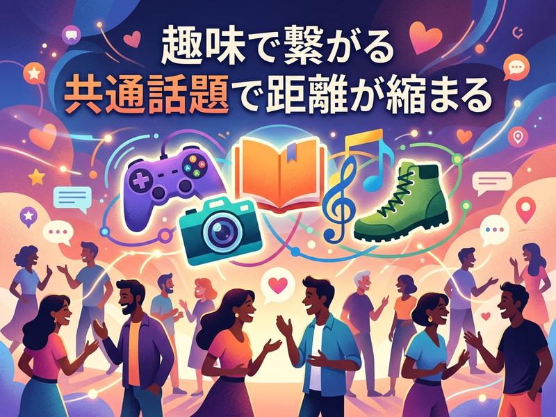 「趣味で繋がる 共通話題で距離が縮まる」イラスト。様々な趣味を持つ人々が交流する様子。