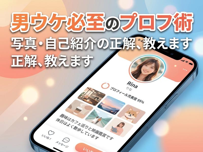 「男ウケ必至のプロフィール術」と書かれた画像で、スマホに女性のプロフィールが表示されている。