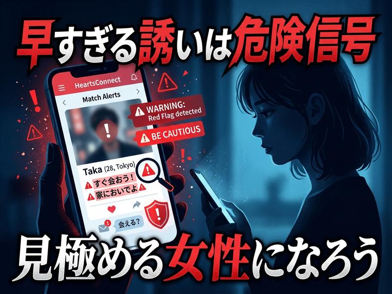 「早すぎる誘いは危険信号」と警告されるマッチングアプリを見る女性。