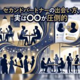 セカンドパートナーとの出会いを描いたイラスト。マッチングアプリ、カフェ、パーティー、職場など様々な場面。