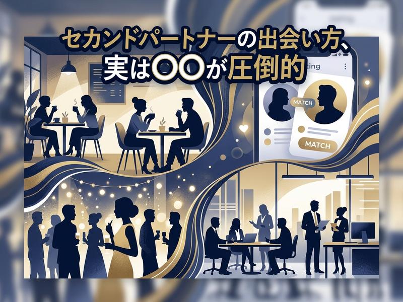 セカンドパートナーとの出会いを描いたイラスト。マッチングアプリ、カフェ、パーティー、職場など様々な場面。