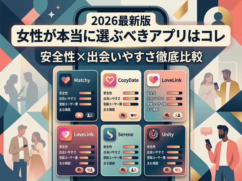 女性向けマッチングアプリの安全性と出会いやすさを比較する画面。