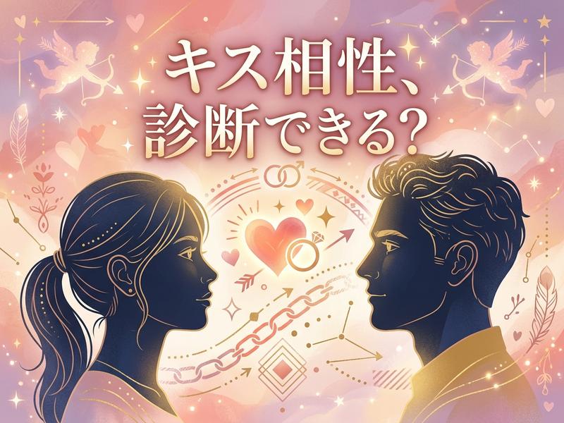 男女のシルエットと「キス相性、診断できる？」の文字。恋愛診断のイラスト。