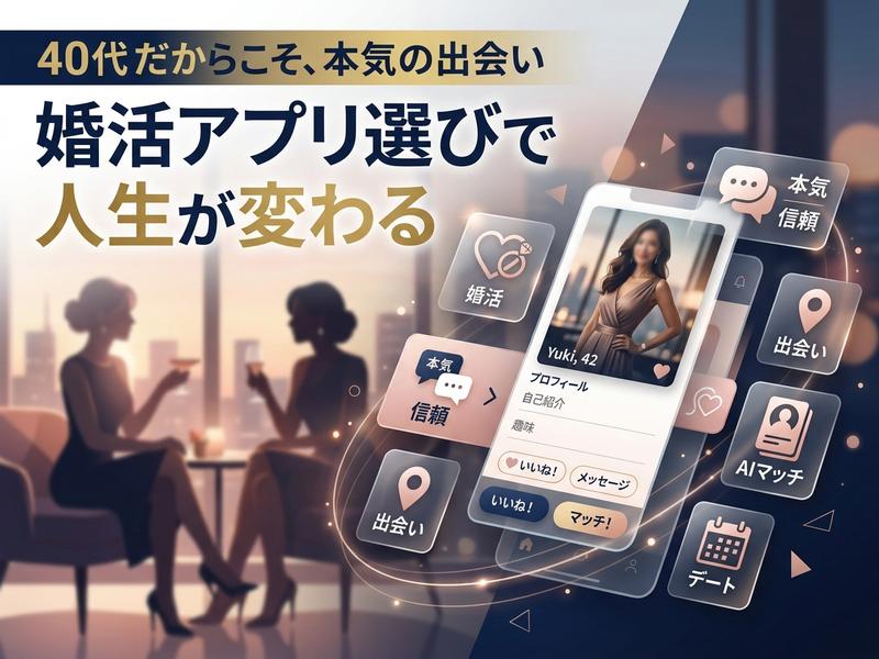 40代向け婚活アプリの広告。女性のプロフィールと機能アイコン、談笑する女性のシルエット。
