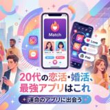 20代の男女がマッチングアプリで出会いを探すイラスト。