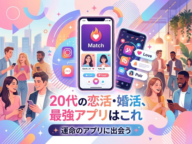 20代の男女がマッチングアプリで出会いを探すイラスト。