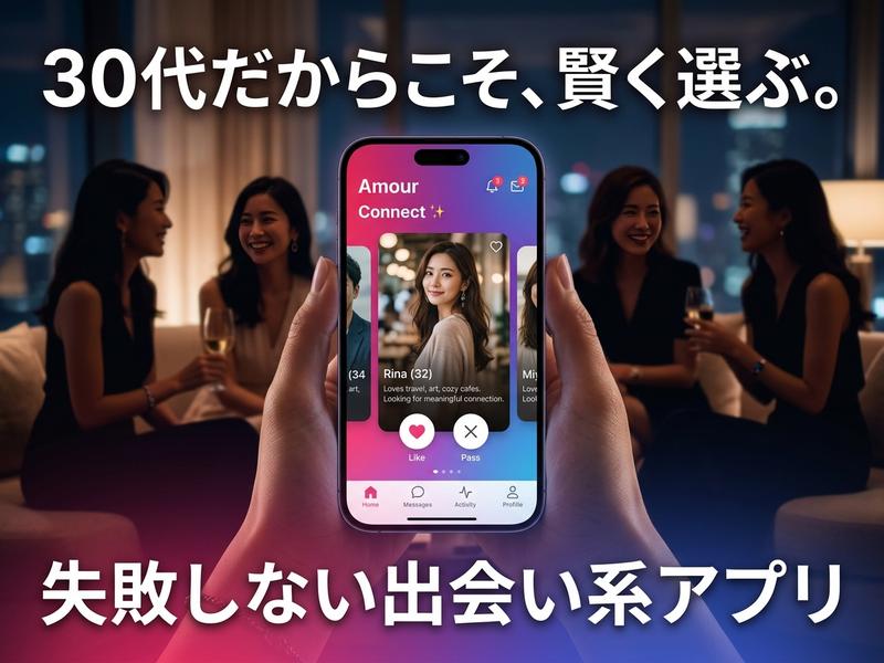 30代女性がスマホの出会い系アプリ「Amour Connect」を使う様子。