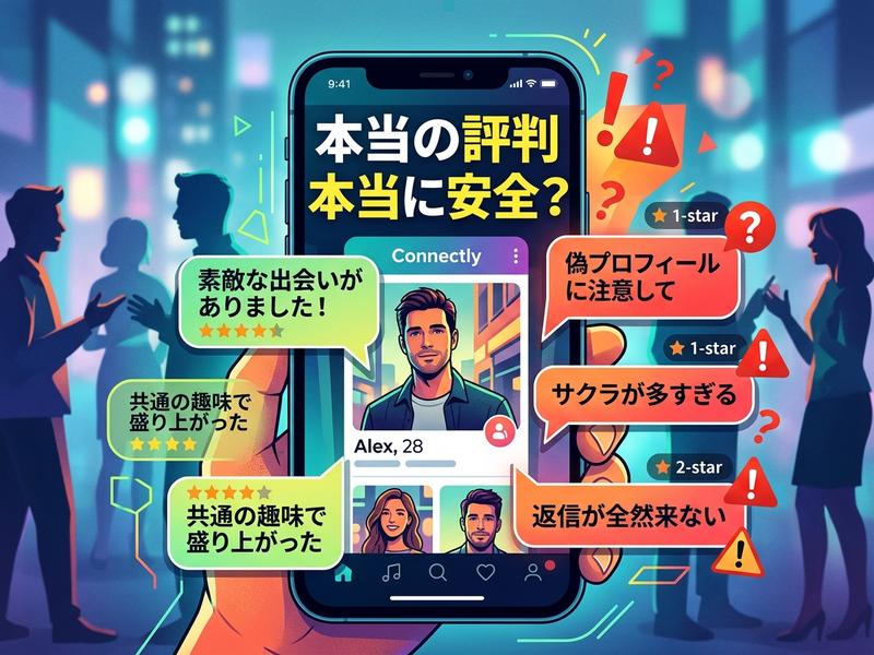マッチングアプリの良い評判と悪い評判が並ぶスマホ画面。
