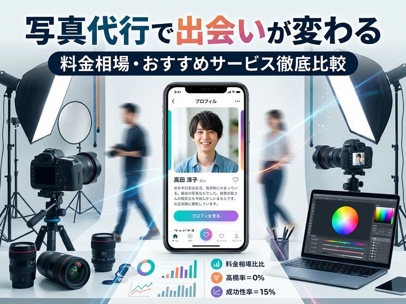 マッチングアプリ向け写真代行サービスの紹介。スタジオ撮影、料金、成功率を比較。