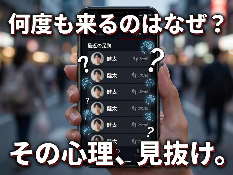 同じ人が何度も訪れるアプリ画面と「その心理、見抜け」の問い。