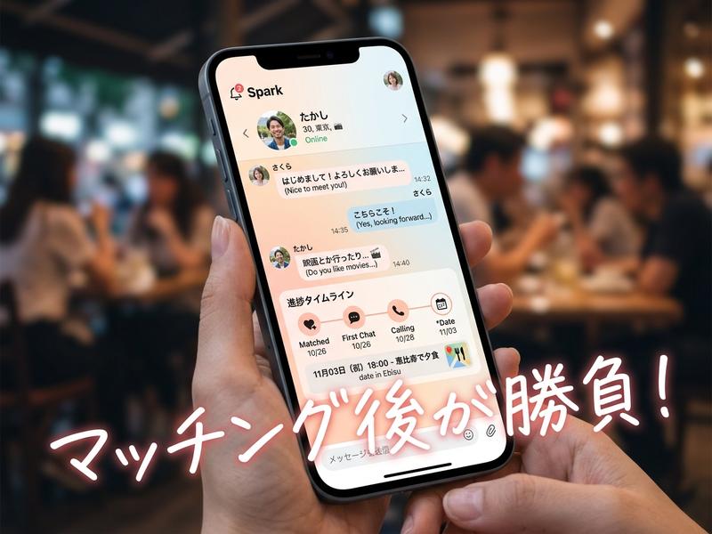 マッチングアプリのチャット画面が表示されたスマホを持つ手と、「マッチング後が勝負！」の文字。