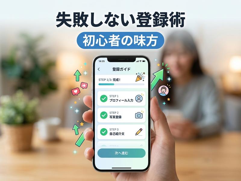 スマートフォンで登録ガイドアプリを操作し、プロフィール登録を完了する様子。