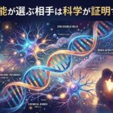 本能的なパートナー選びを科学的に示すDNA、脳、そして抱き合うカップルの図。