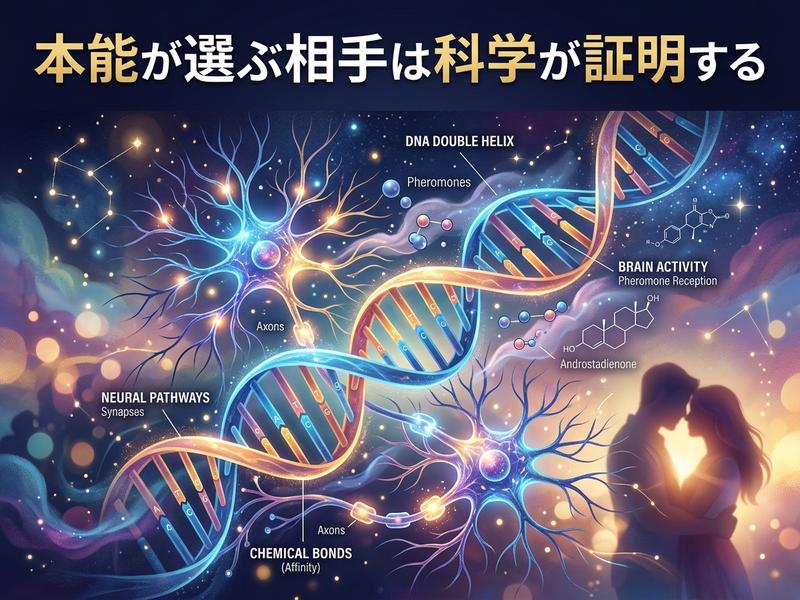 本能的なパートナー選びを科学的に示すDNA、脳、そして抱き合うカップルの図。
