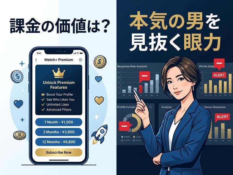 マッチングアプリの課金画面とデータ分析する女性。