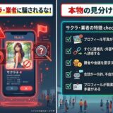 マッチングアプリでサクラや業者に騙されないための見分け方を紹介。