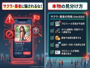 出会い系アプリのサクラ・業者に騙されない！見分け方と対策完全ガイド