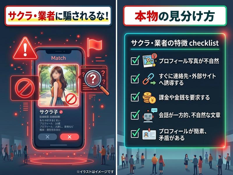 マッチングアプリでサクラや業者に騙されないための見分け方を紹介。