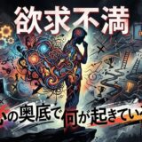 「欲求不満」の文字と心の奥底で葛藤する人物のイラスト。人生の選択と複雑な感情が渦巻く。