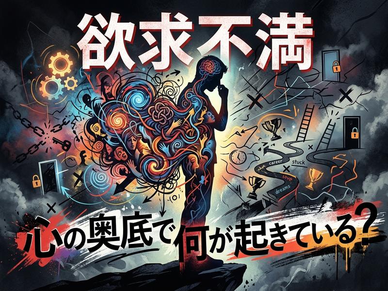 「欲求不満」の文字と心の奥底で葛藤する人物のイラスト。人生の選択と複雑な感情が渦巻く。
