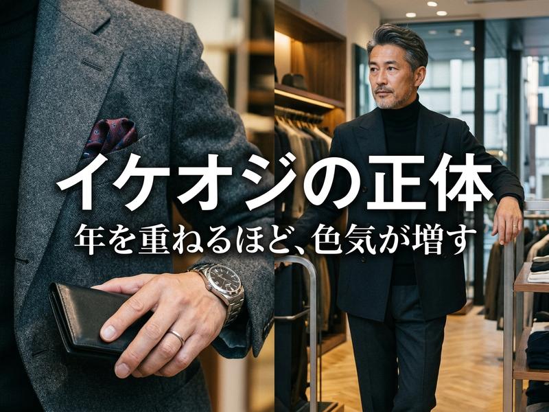 「イケオジ」と呼ばれるダンディな中年男性のファッションスナップ。グレーのジャケットとスーツ姿で魅力的に着こなす。