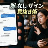 「脈なしサイン見抜き術」の画像。女性がスマホの断られたメッセージを見て、困惑した表情で手を挙げている。