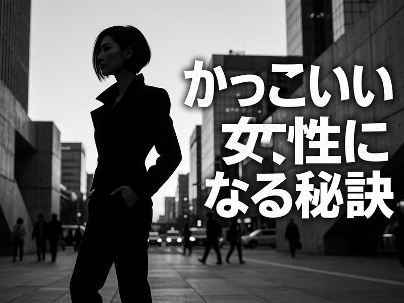 「かっこいい女性になる秘訣」の文字と、スーツ姿の女性が街中に立つモノクロ写真。