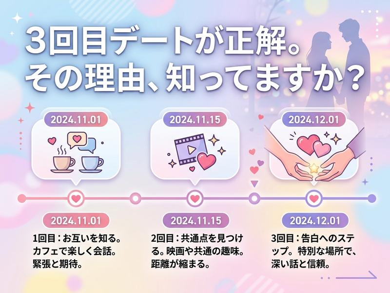 3回目デートが告白に最適な理由を解説するイラスト。