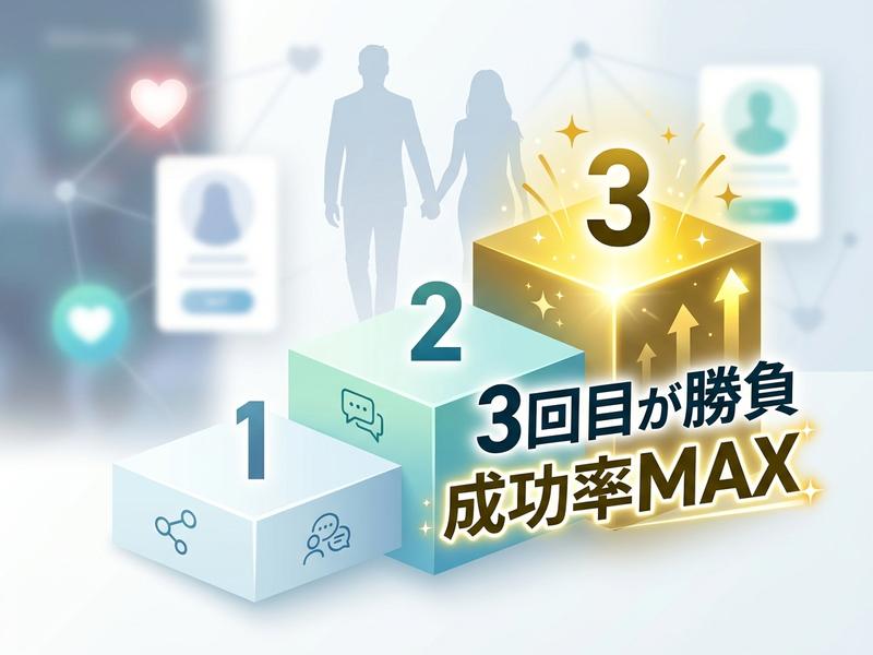 マッチングアプリでの成功への3ステップを示すイラスト。「3回目が勝負 成功率MAX」と記載。
