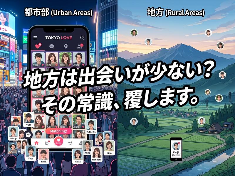 「地方は出会いが少ない」という常識を覆すマッチングアプリの広告。都市と地方の出会いを対比。