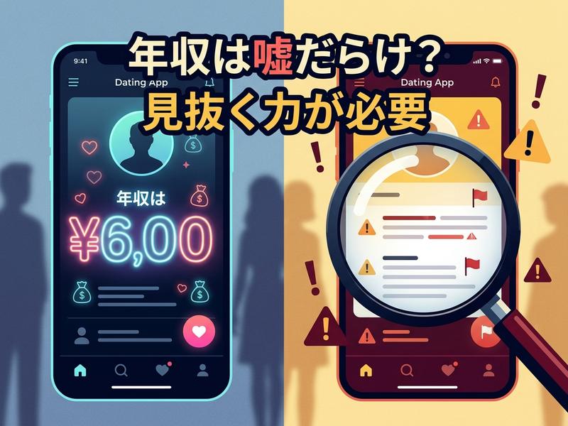 デートアプリでの年収詐称と見抜く力の必要性を示す画像。