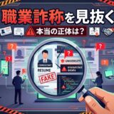拡大鏡で「FAKE」と表示された履歴書を調査し、職業詐称を見破る人々。