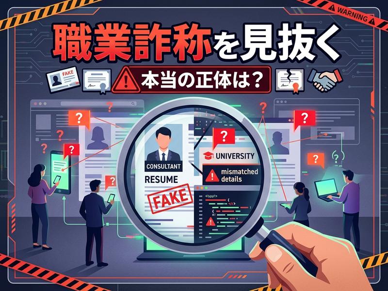 拡大鏡で「FAKE」と表示された履歴書を調査し、職業詐称を見破る人々。