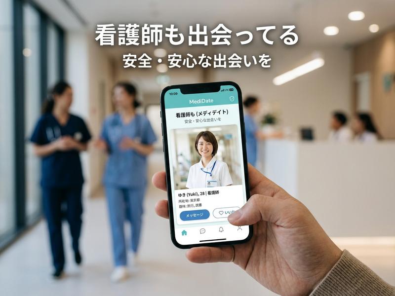 スマホで看護師向けマッチングアプリを見る手。安全・安心な出会いを。