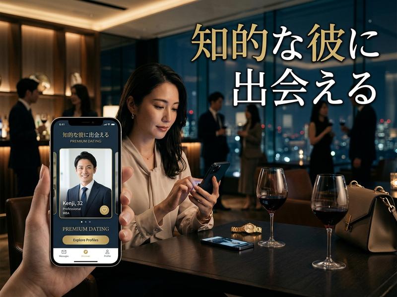 「知的な彼に出会える」アプリを操作する女性。夜景の見えるバーで。