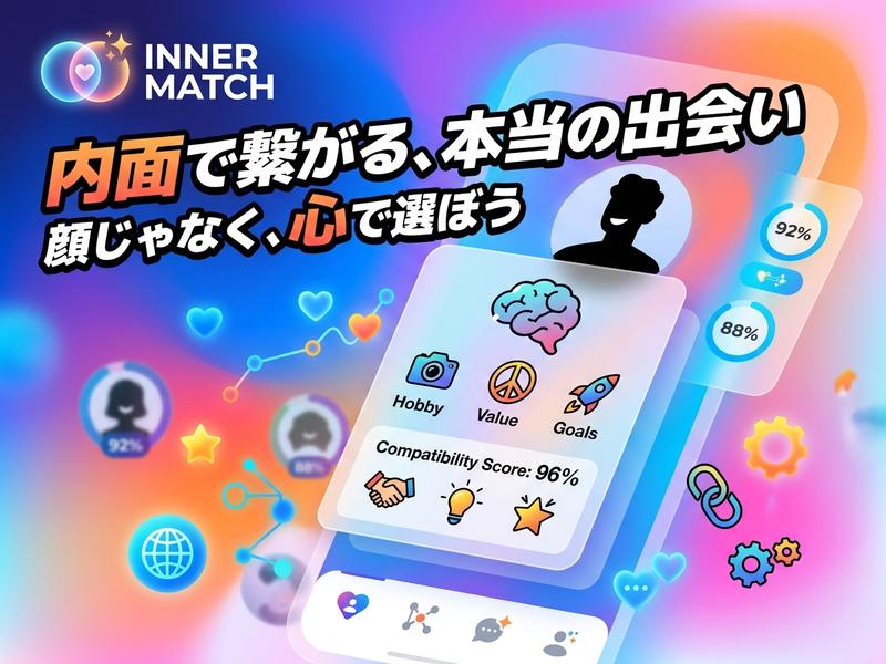 内面重視のマッチングアプリ「INNER MATCH」の宣伝画像。趣味や価値観で相性96%を示すアプリ画面。