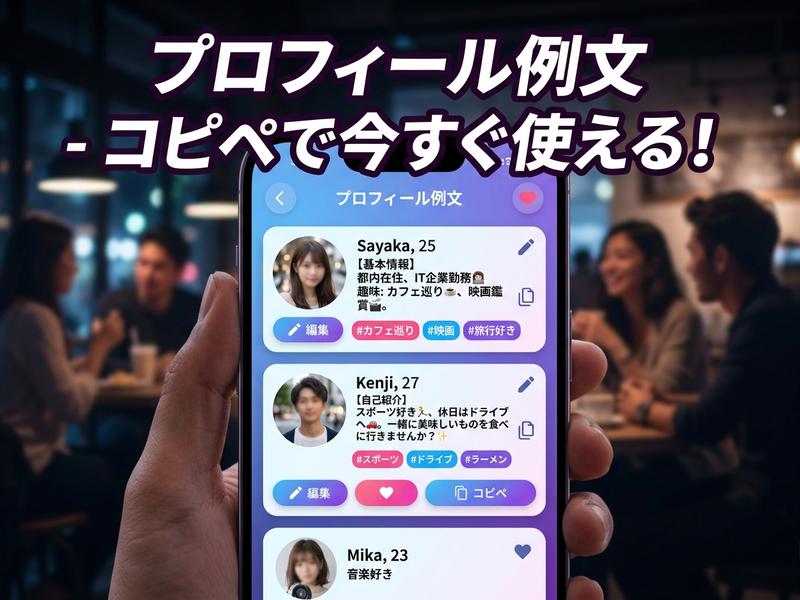 プロフィール例文が表示されたスマホ画面を持つ手。背景はカフェ。
