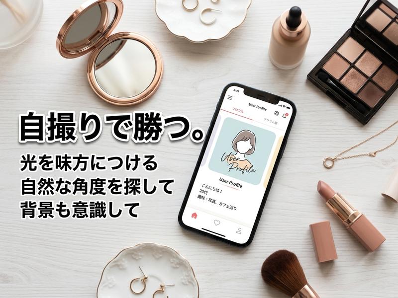 「自撮りで勝つ。」のテキスト、スマホのプロフィール画面とコスメ。