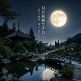 満月の美しい夜、日本庭園でお寺と月を眺める男女。
