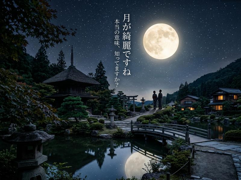 満月の美しい夜、日本庭園でお寺と月を眺める男女。